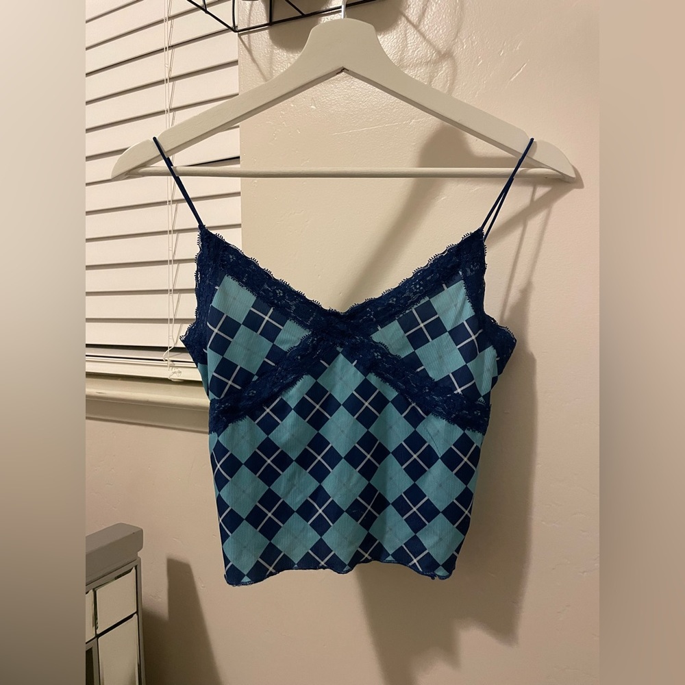 shein plaid print lace trim cami top
